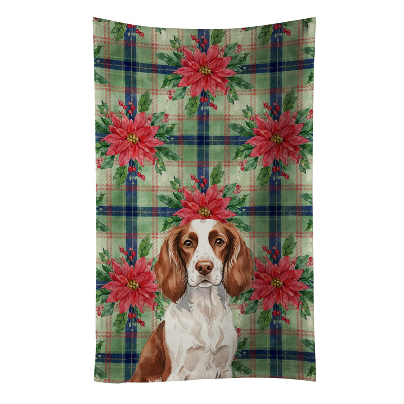Liver and White English Springer Spaniel Christmas PoinsettIas Kitchen Towel, Liver/White English Springer Spaniel