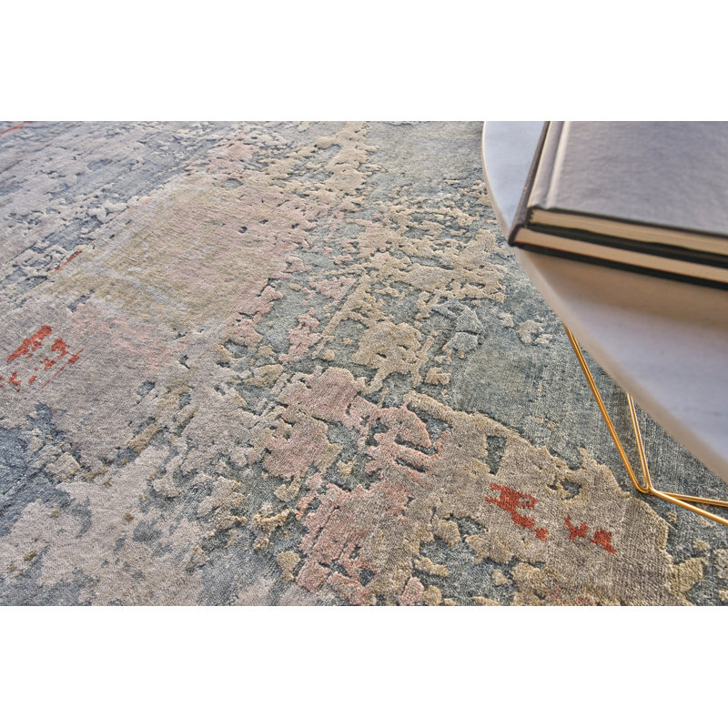 Laureno Hand Knotted Silk Abstract Area Rug in Blue, Rectangle 8' x 10'