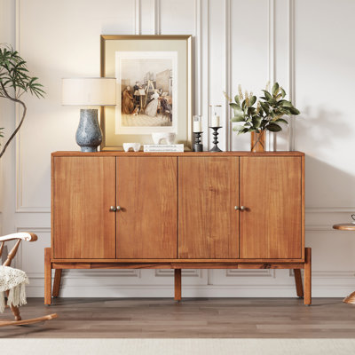 Vintage Sideboard Buffet Cabinet, 18" D X 34.2" H, 4-Door Storage Cabinet With Metal Handles, MDF & Acacia Veneer, Brown Finish For Dining Room Or Living Room