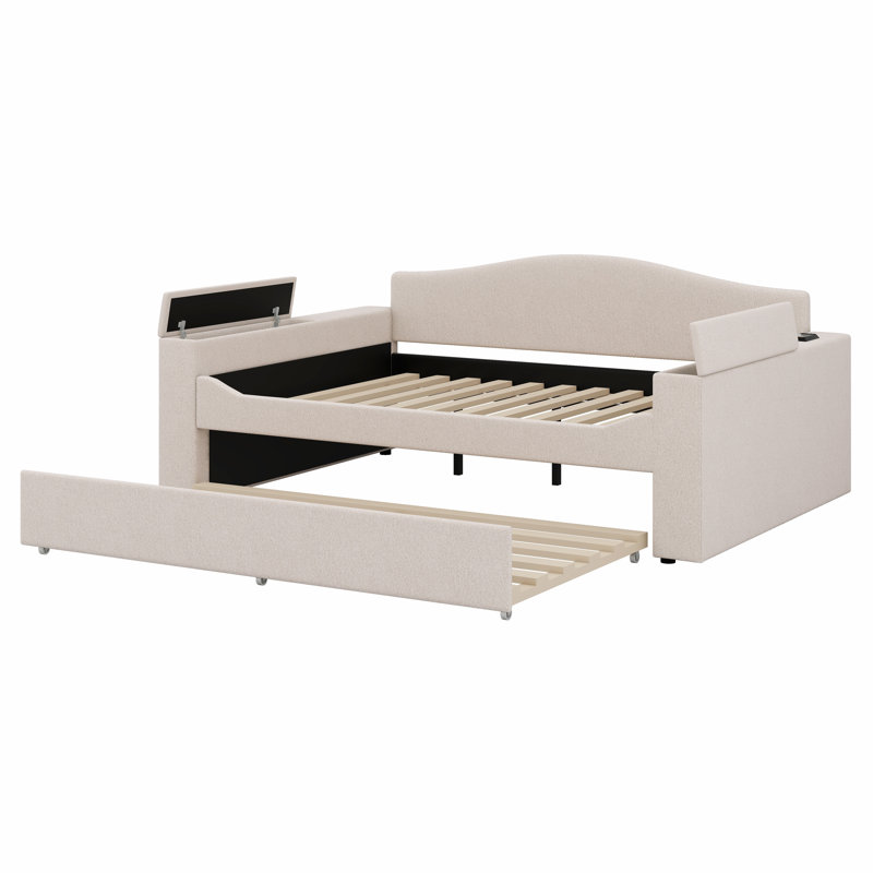 Lit de jour rembourré avec accoudoirs de rangement, lit gigogne et dernier système audio Bluetooth intégré, Beige