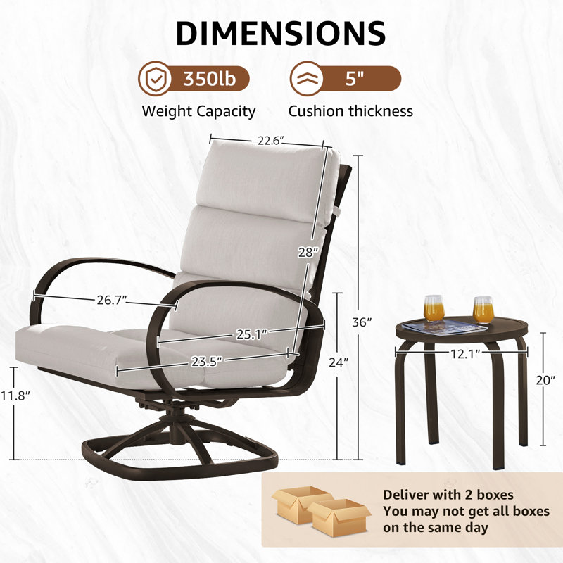 3 Piece Seating Group, Swivel Rocking Chair with 5" Olefin Cushions, Beige Cushion/Brown Frame, 3 Pcs: Table, 2 Chairs