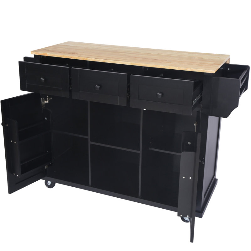 Kitchen Cart With Rubber Wood Drop-Leaf Countertop,Cabinet Door Internal Storage Racks,Kitchen Island On 5 Wheels With Storage Cabinet And 3 Drawers For Dinning Room, Black