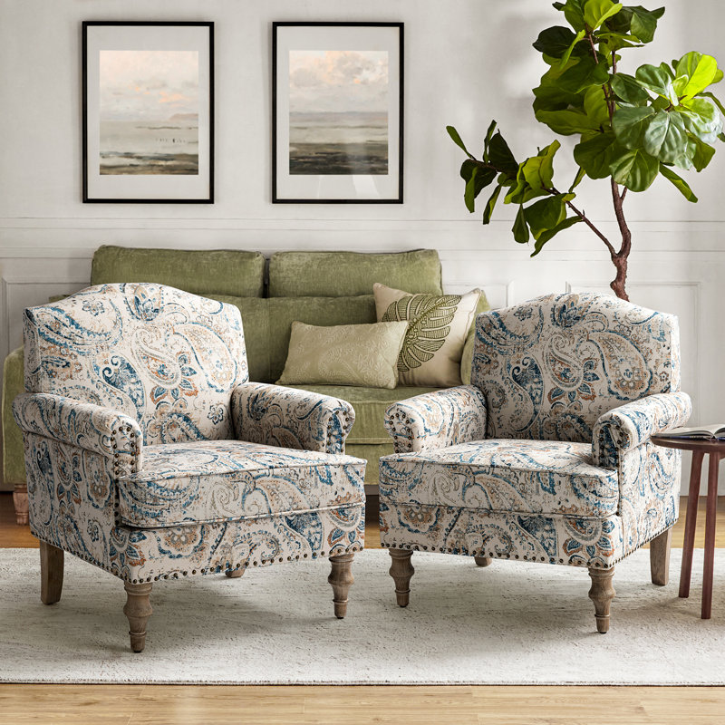 Fauteuil l 30 po avec pieds en bois massif Mooresville, Mélange de polyester à motif cachemire