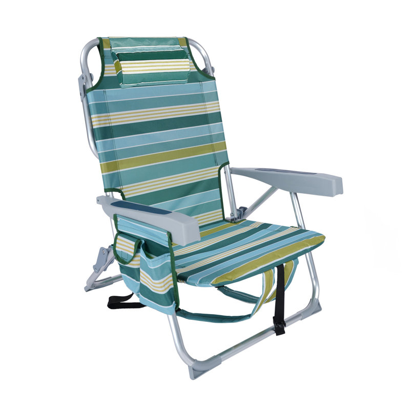 Folding Backpack Beach Chair, 4-position Adjustable Reclining Chair For Beach, Camp, Green Striped