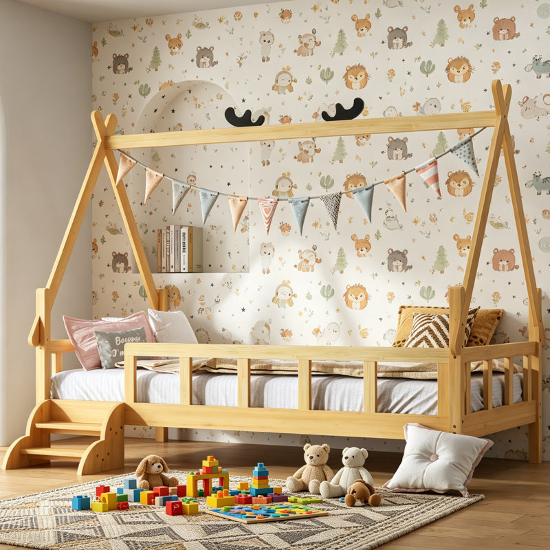 Structure de lit simple avec garde-corps et escabeau, lit plateforme en bois massif, Jaune