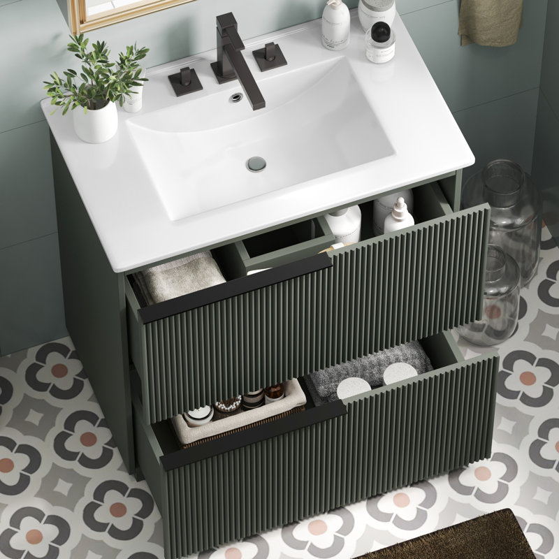 Meuble-lavabo de 30 po avec lavabo en céramique, tiroirs pleine extension lisses et conception cannelée pour une flexibilité de rangement avec fonctionnalité de style glissières encastrées et à fermeture en douceur