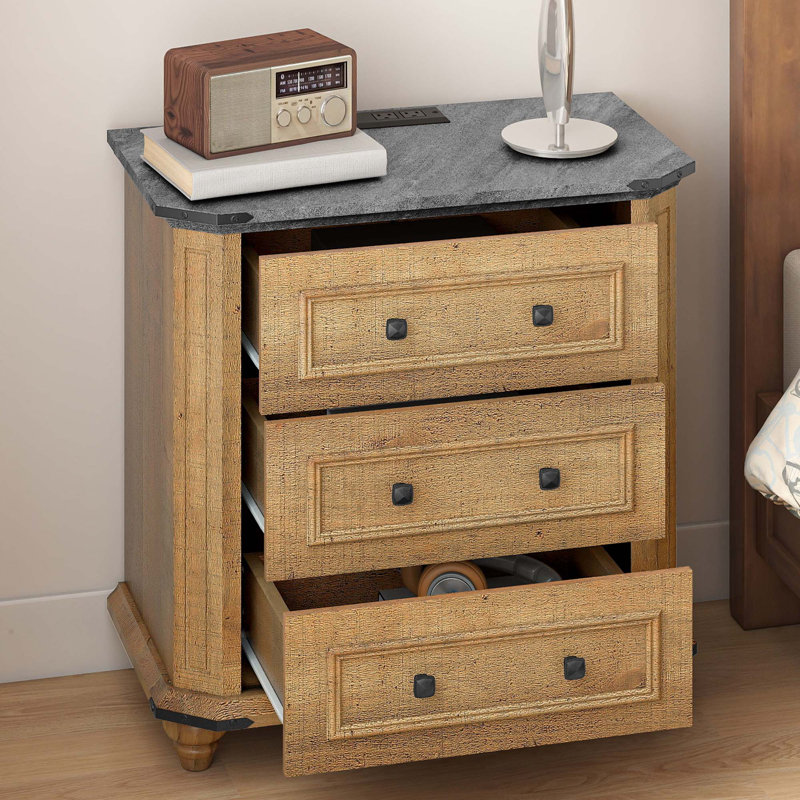 3-Drawer Nightstand With Built-In Outlets And Solid Wood Legs, Brown
