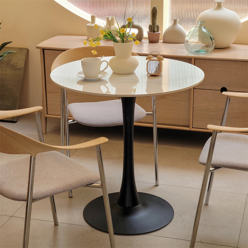 Sintered Stone Top Dinging Table Round Kitchen Bistro Table, Black, 30.9" H x 30.9" W x 33.66" D, White