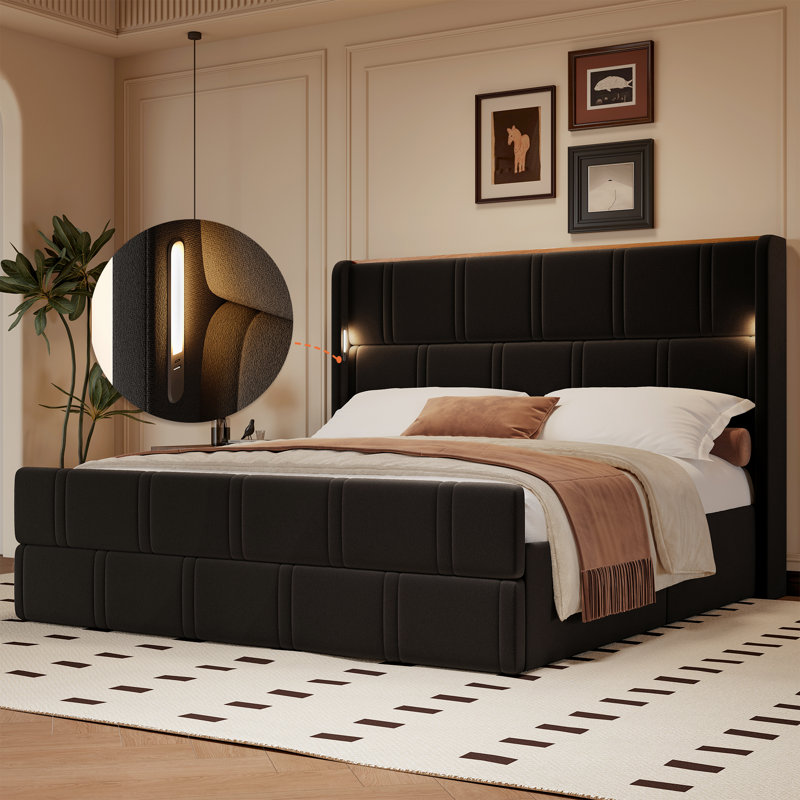 Lit plateforme King Size avec tête de lit rembourrée et lampe de lecture, noir, Très grand lit, Noir