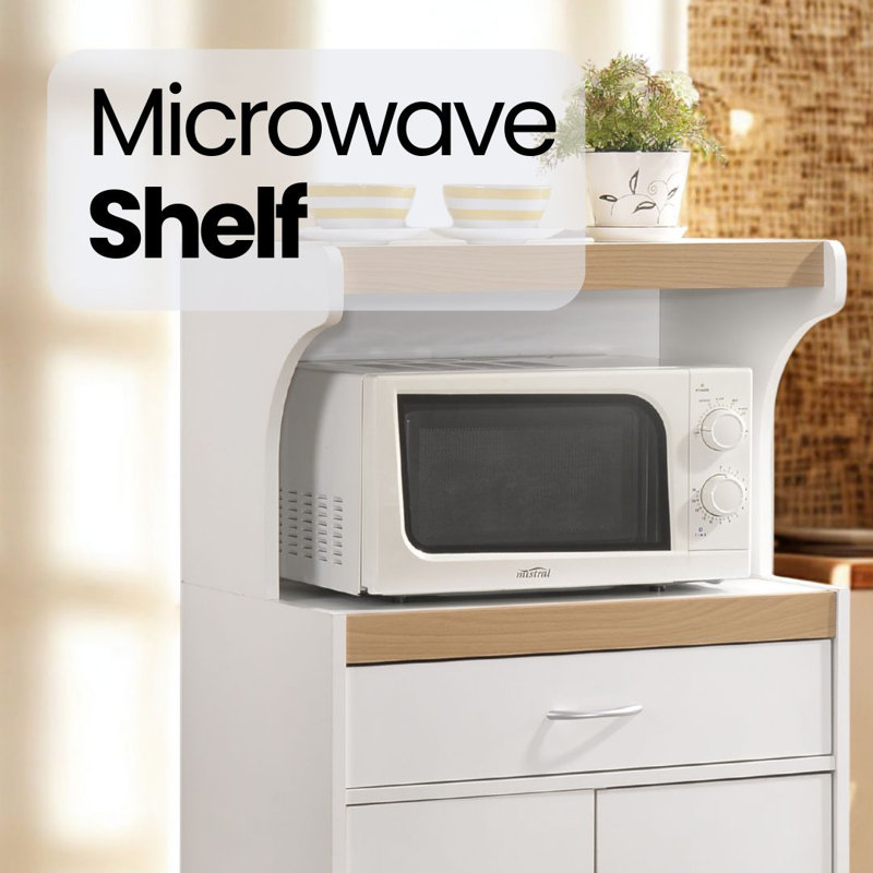 Rolling Kitchen Cart with  Microwave Shelf, Utensil Drawer, Interior Cabinet Storage Space and Locking Wheels, White