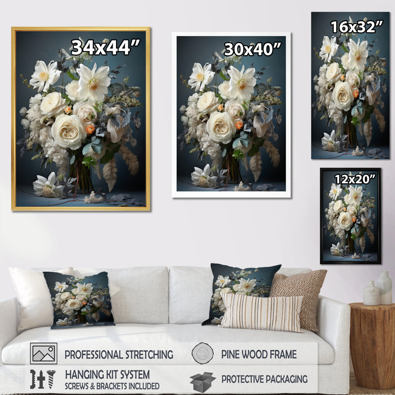 Captola blanc bleu saisonnier fleurs Seasonal Elegance II - impression, H 20 po x l 12 po x P 1 po, Toile tendue