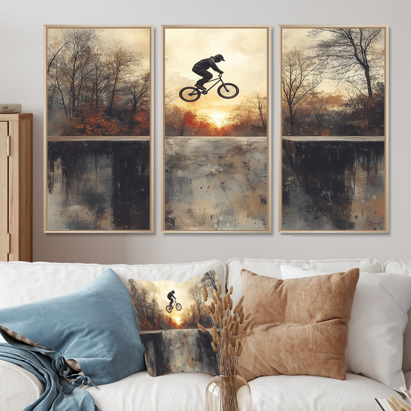 «Black Street Bmx Bike Tricks - Cycling», ensemble d'art mural, Toile naturelle avec cadre flottant