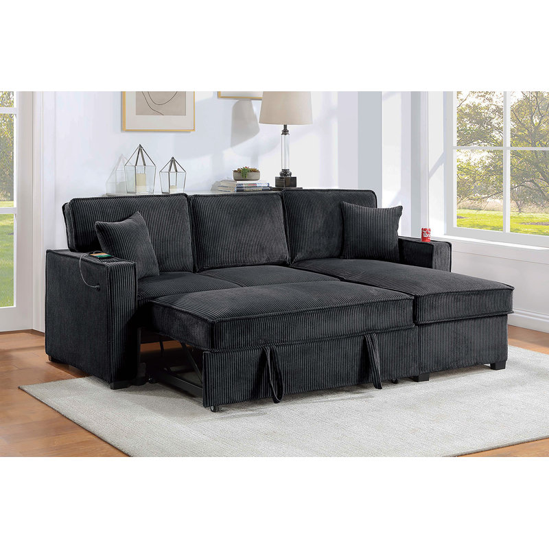 Contemporary Style Convertible Sectional Cup Holder USB And USB-C Port Storage Chaise Matching Pillows Pull Out Extension Black Finish Primary Living Room