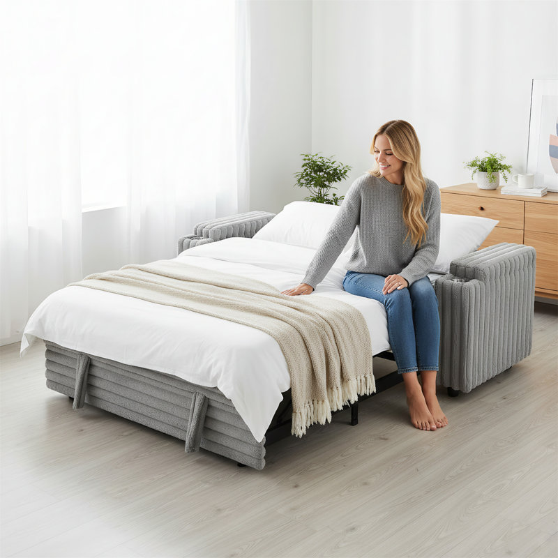 Accoudoirs avec rangement et ports USB sur le canapé, canapé-lit convertible, Gris clair