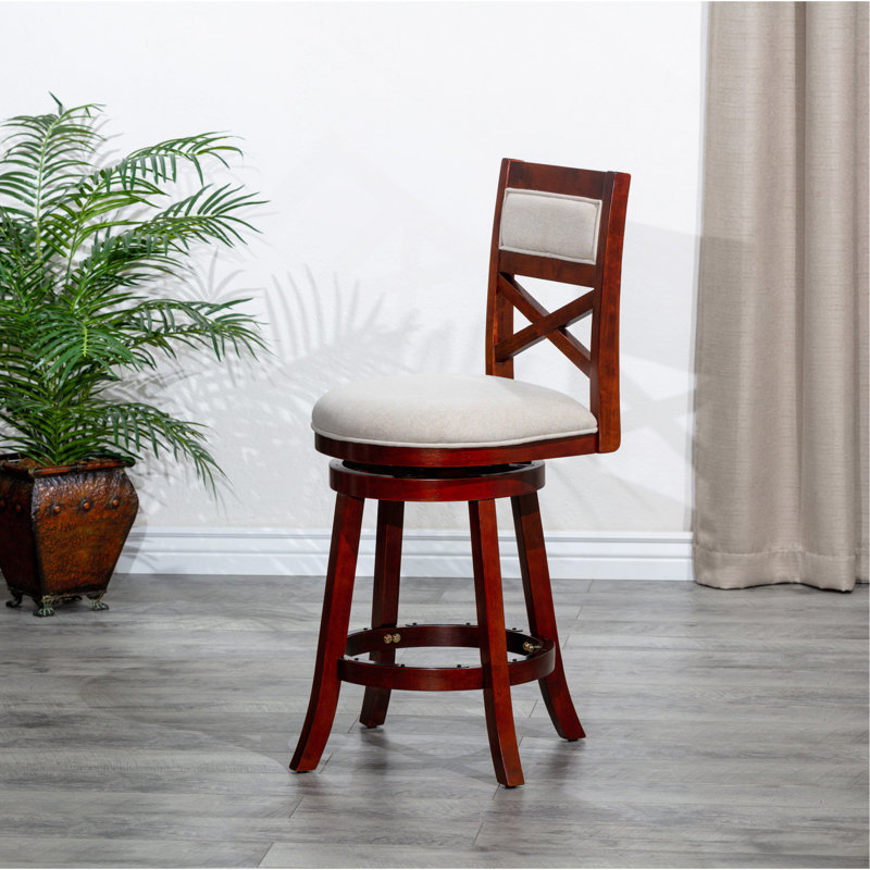 Tabouret pivotant à dossier en X de 30 po de hauteur, siège en tissu, Siège beige / structure cerise