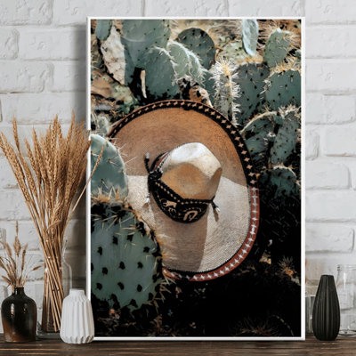 Sombrero Hat Among Cacti Vibrant Graphic Art on Wrapped Canvas - 36" H x 24" W