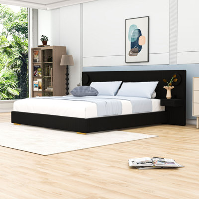 2 Drawers Upholstered Platform Bed with Circular LED Lighting and Charging Ports