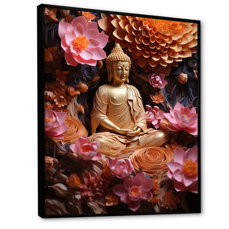 Reproduction d'art sur toile, bouddhisme doré, L 24 po x H 32 po, Cadre flottant noir