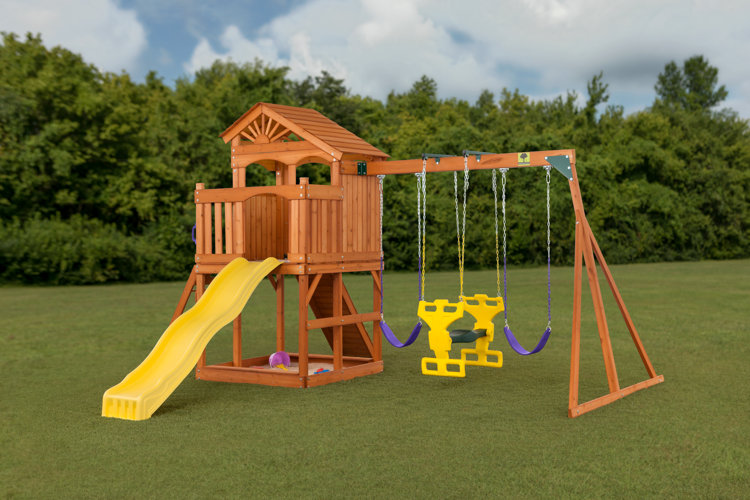 traditional wood swing set with a slide
