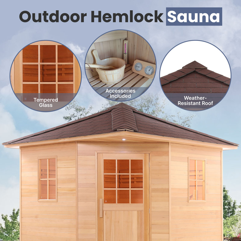 Natural Canadian Hemlock 8-Person Outdoor Sauna with 9 kW Heater