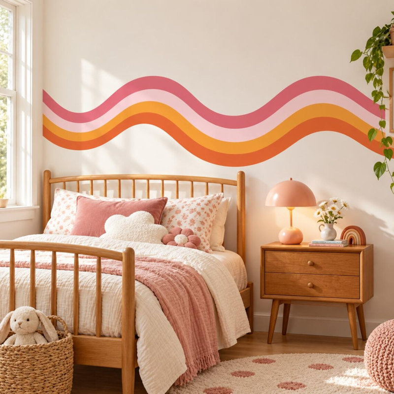 Autocollant mural rose rétro à rayures arc-en-ciel pour chambre d'enfant, L 72 po x H 30 po