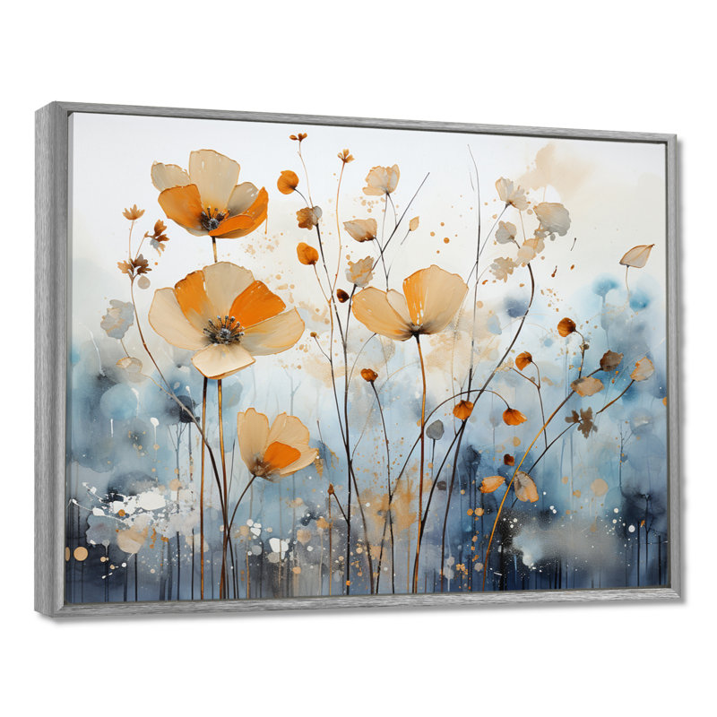 Art sur toile, "Orange Mute Botanicals II", H 16 po x l 32 po x P 1 po, Encadrement argenté