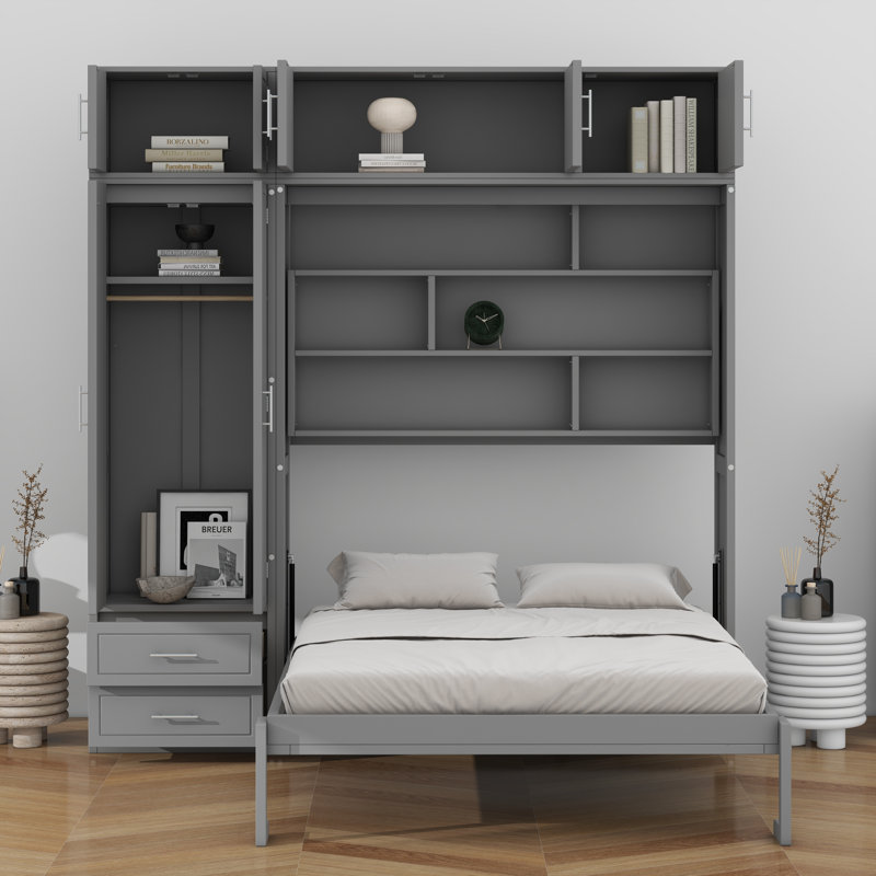 Lit escamotable mural avec armoire supérieure, tablettes et garde-robe, lit pliable peu encombrant, Gris