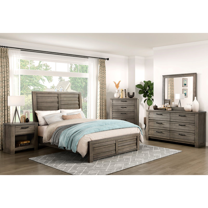 Lit double pleine grandeur avec tête de lit grise, profil bas et rails pour meubles de chambre à coucher en bois gris, tête de lit