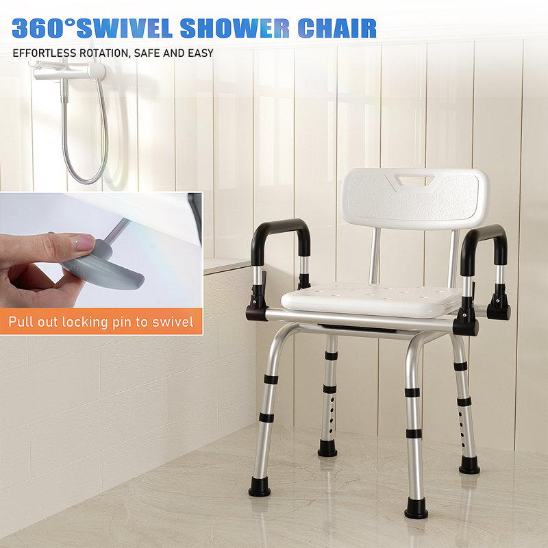 Chaise de douche pivotante à 360 degrés, siège portable avec accoudoirs et dossier, siège à hauteur réglable