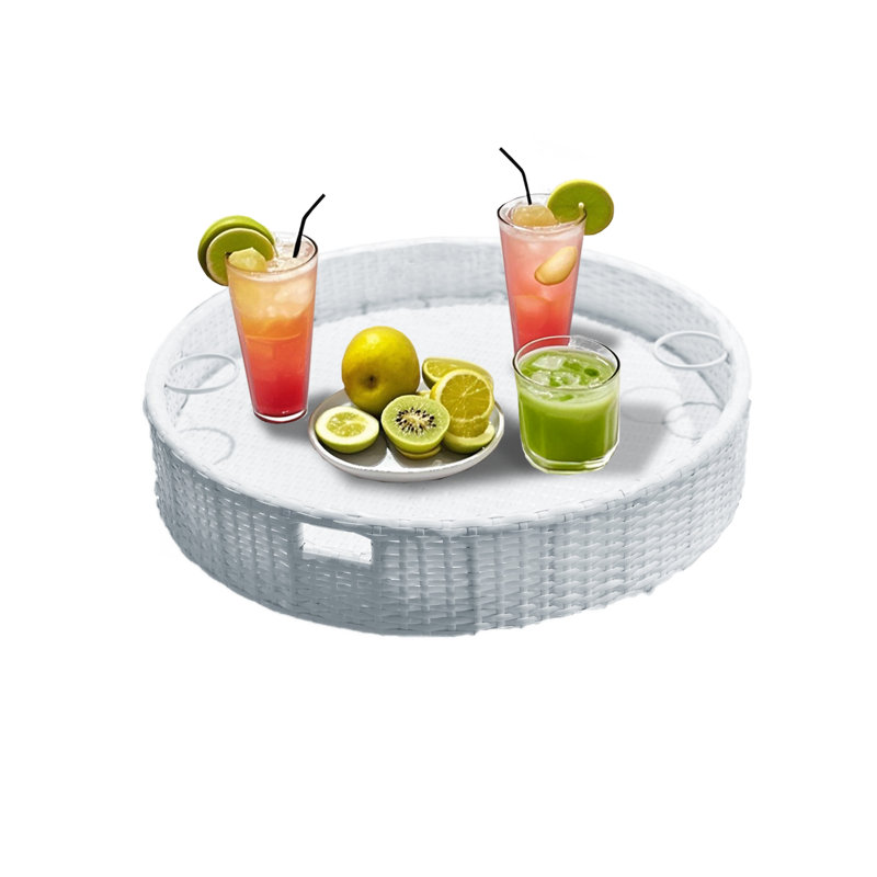 Hubhalsun Medium Size Floating Tray, 23.6" Wicker Floating Serving Tray with Hole Design, Poolside Drink & Food Holder for Swimming Pools, Spas, Backyard Parties, White