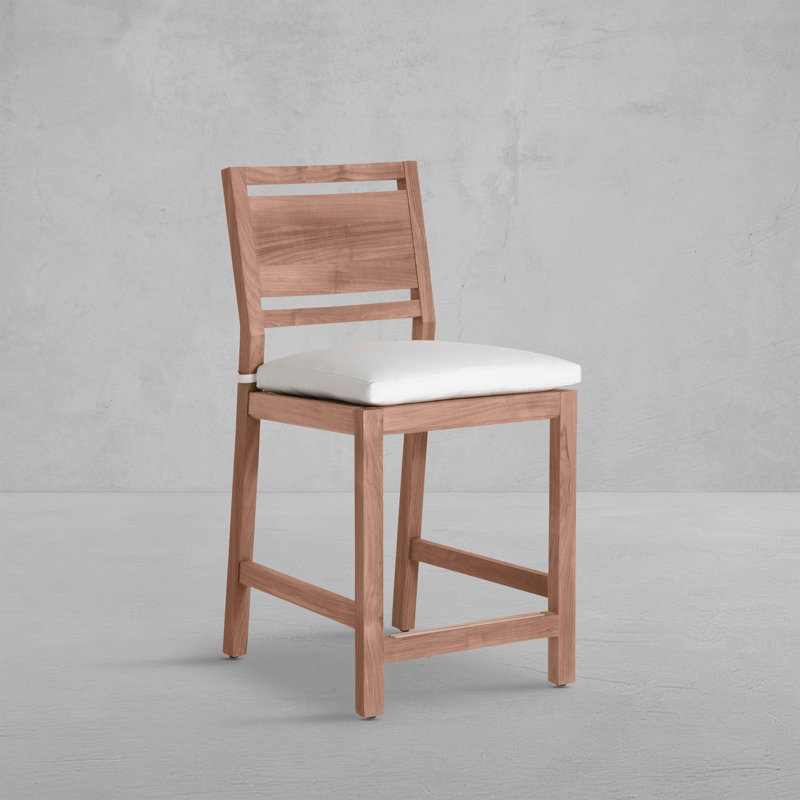 Tabouret de bar extérieur en teck Avondale, Welt + bourre standard, Blanc naturel Availa, Teck naturel