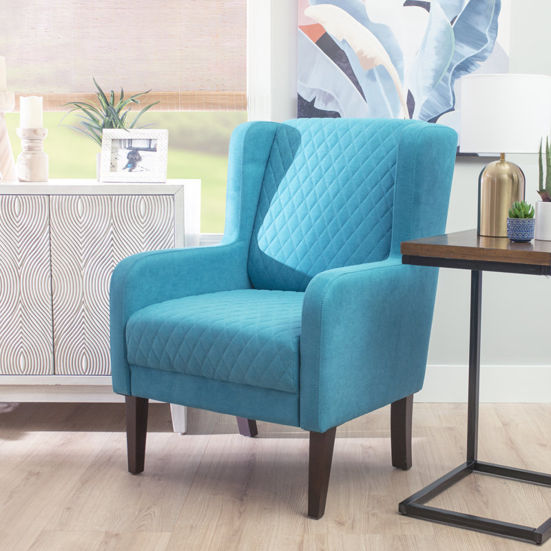 Lyric Quilted Wingback Chair With Solid Wood Legs , Teal Polyester Blend