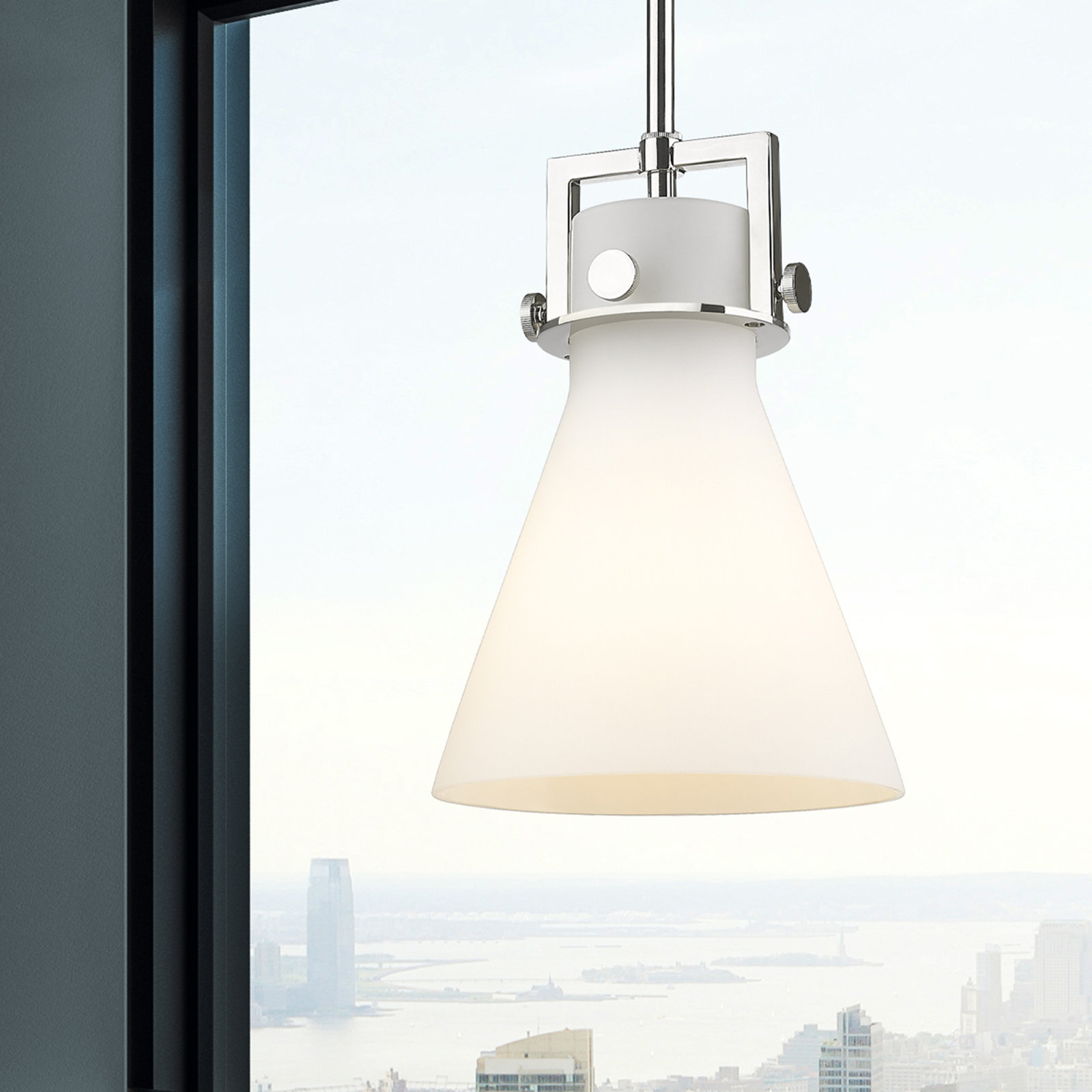 Coterie Single Light Glass Dimmable Pendant, Matte White, Polished Nickel, 11.38" H x 8" W x 8" D
