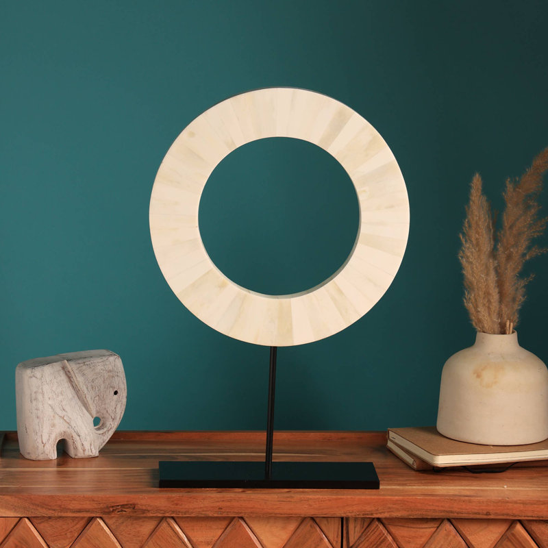 Sculpture | Bone-Inlaid Decorative Circle on Black Iron Stand | Table Décor