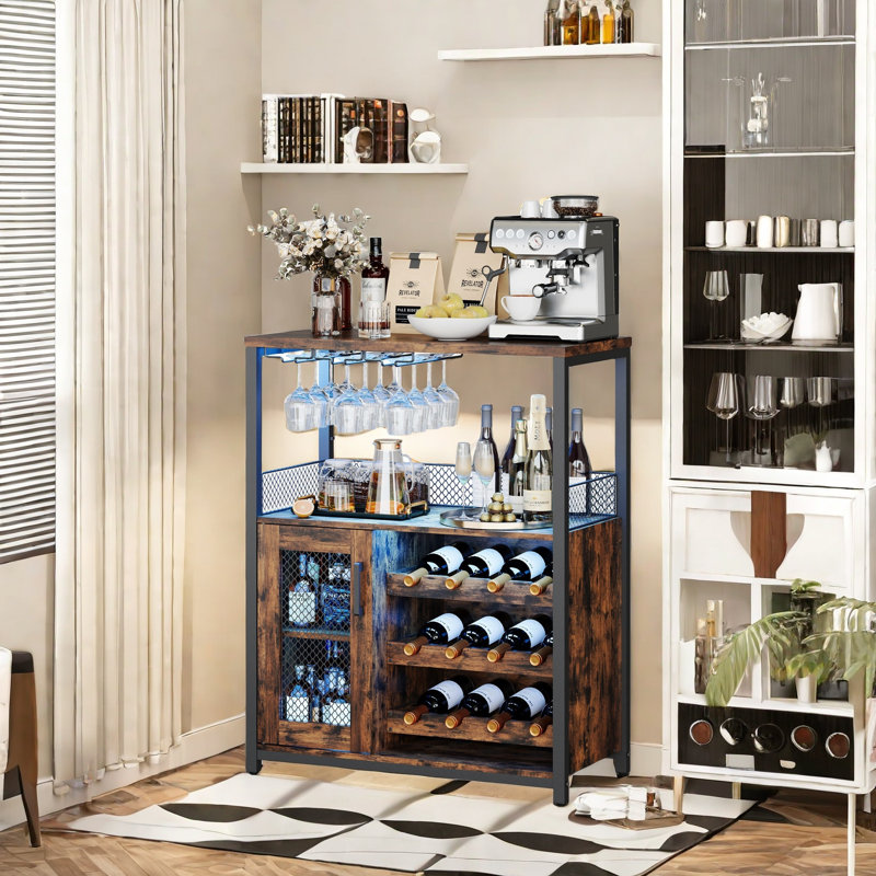 3-tier Wine Bar Cabinet with LED Lights for Kitchen, Living Room and Bar, Retro Color