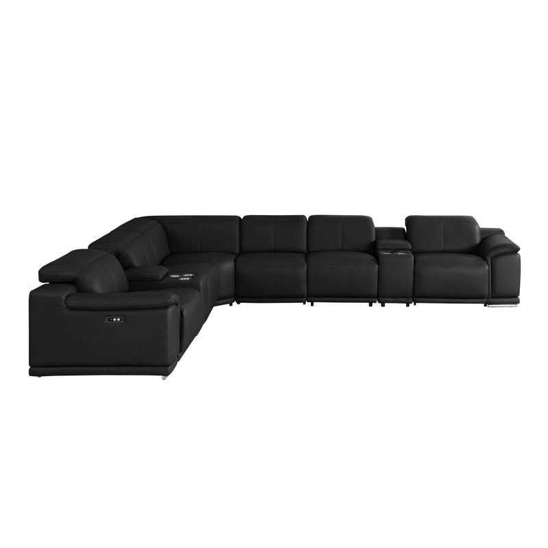 8-Piece L-Shaped Power Reclining Sectional In Genuine Leather – 4 Recliners, Black Top Grain Leather