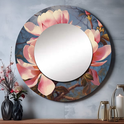 Pink White Magnolias Elegance Landscape - Floral Mirror, Pink Round Unique Wall Mirror, Printed Metal Art