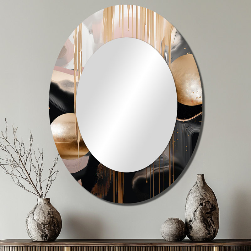Doré et noir Marble Expression II - grand miroir mural ovale sur métal, 40 po x 30 po