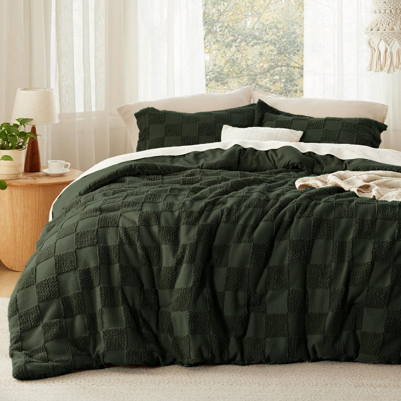 Bedsure Boho Tufted Checkered Farmhouse Comforter Set, 230GSM, Twin Comforter + 1 Standard Sham, Bronze Green