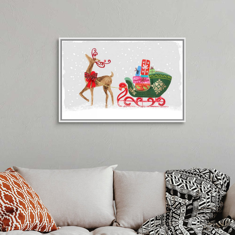 Renne fier avec cadeaux-reproduction d’art sur toile, 26" H x 38" W x 1.75" D, Cadre blanc