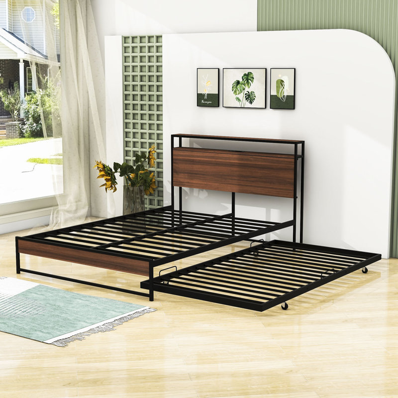 Wilhelmi Metal Platform Bed Frame with Trundle and USB Ports, Full, Black