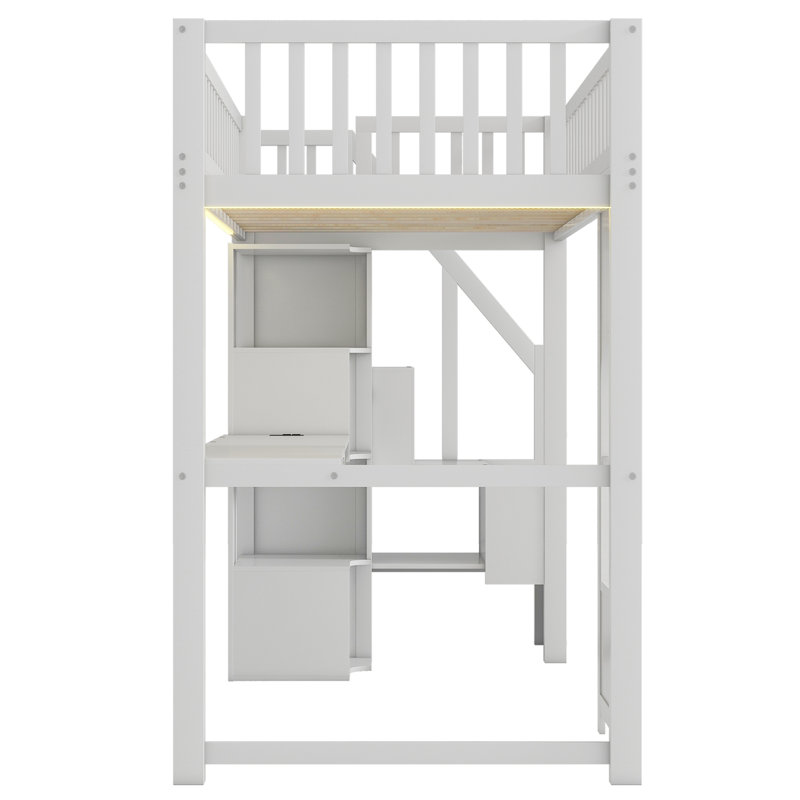Lit mezzanine avec escalier de rangement, bureau intégré, étagères ouvertes, panneau de fenêtre décoratif, bande lumineuse DEL et port de chargement USB