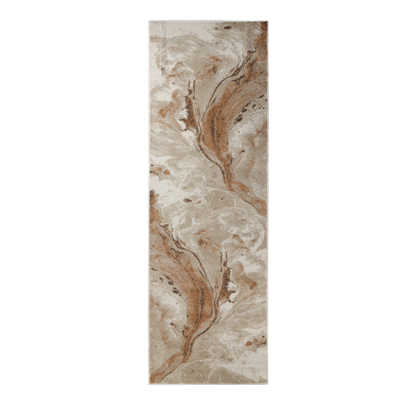 Tapis beige abstrait en polypropylène tissé à la machine, Tapis de couloir 2 pi 7 po x 12 pi, Beige