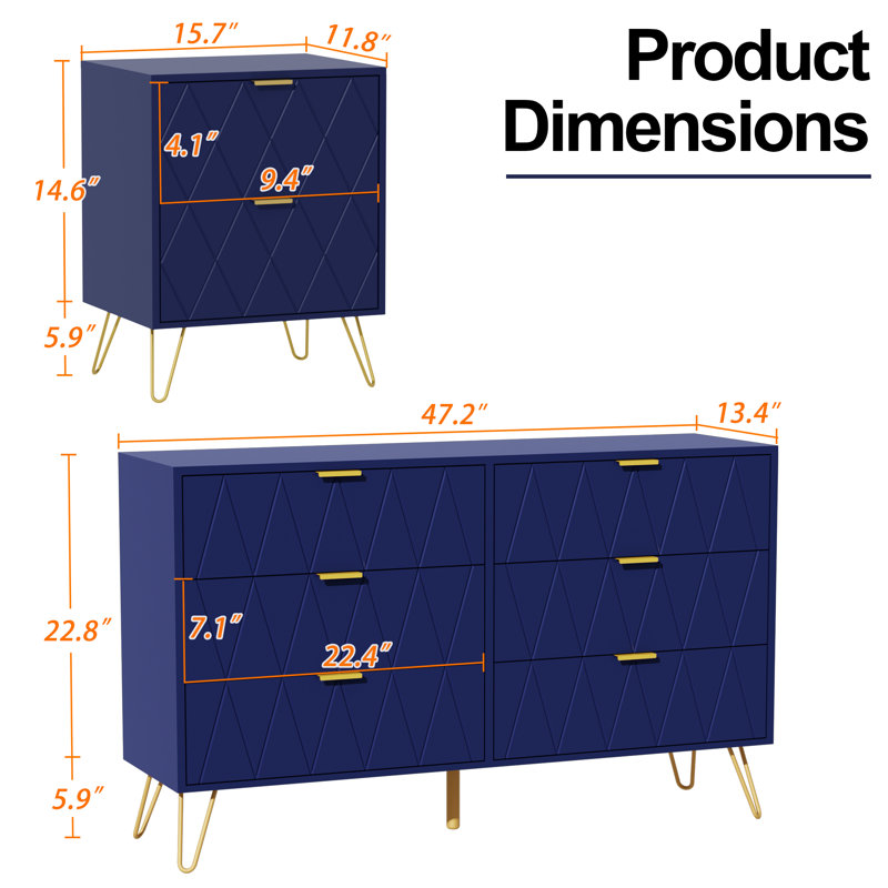 Ensemble de commode pour chambre à coucher 6 tiroirs l 47,2 po avec 2 tables de chevet, Bleu marine