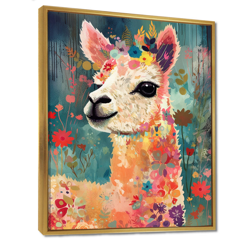 Fleur souriante, alpaga - Art mural alpaga, Cadre flottant doré, H 40 po x l 30 po x P 1,5 po