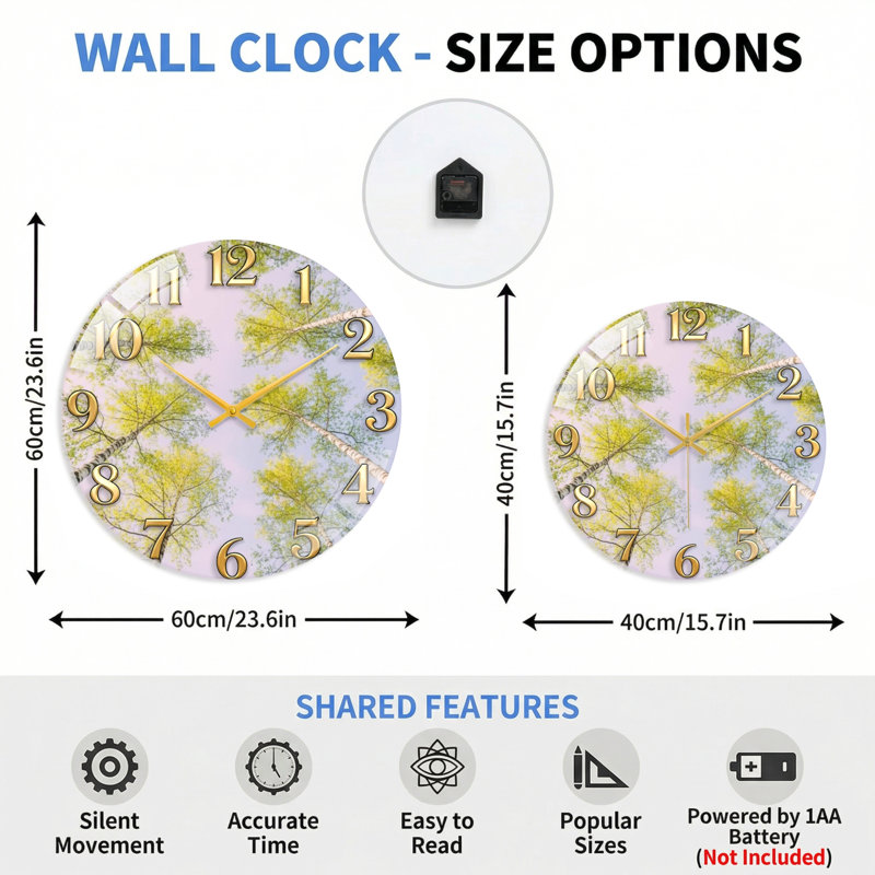 Horloge murale arbre en verre, 40 x 40 cm (15,7 x 15,7 pouces)