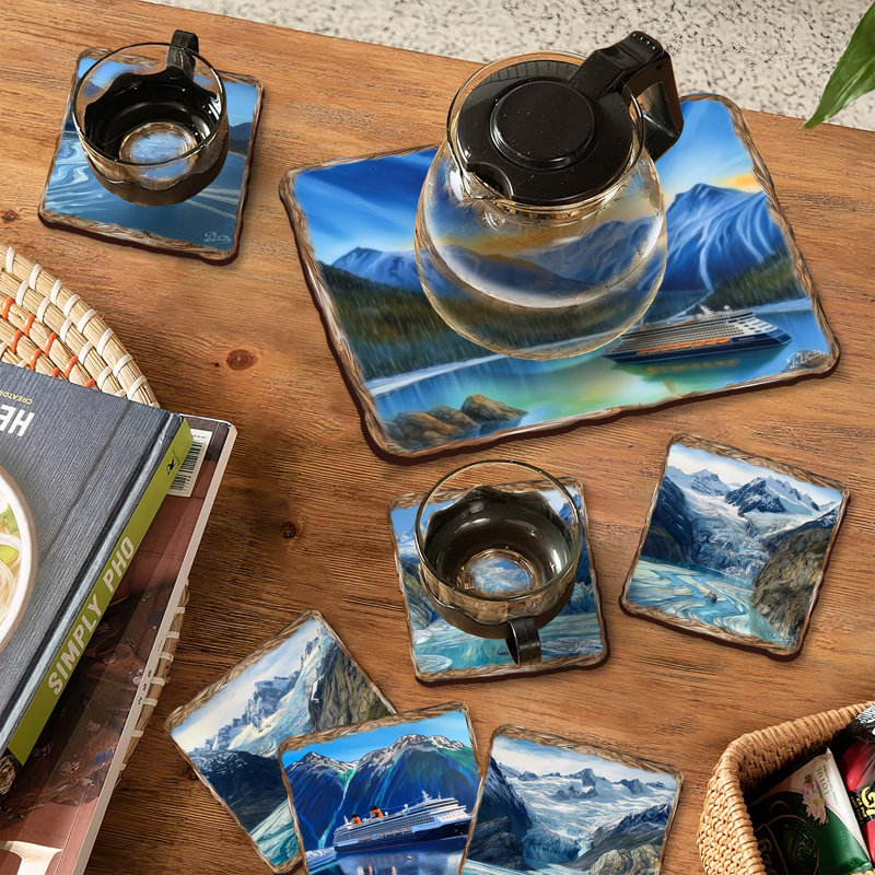 Ensemble cadeau de 7 sous-assiettes et sous-verres en liÃ¨ge et bois sur le thÃ¨me des croisiÃ¨res | Loon Peak
