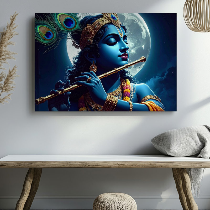 Toile, art mural indien au clair de lune Krishna, H 11 po x l 14 po