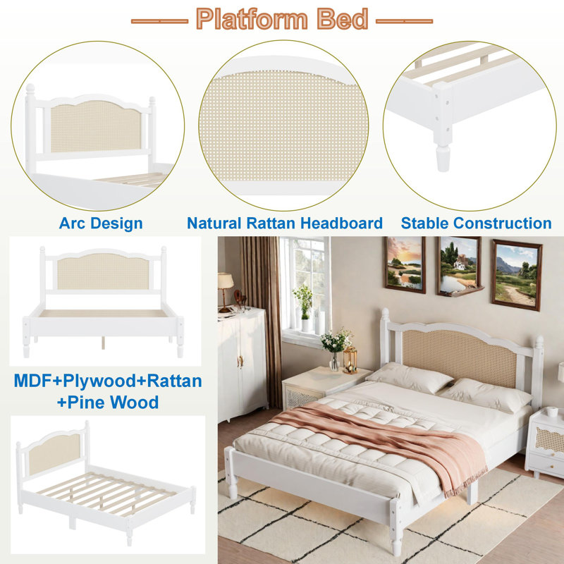 Queen White Pine Wood Platform Bed with Rattan Headboard