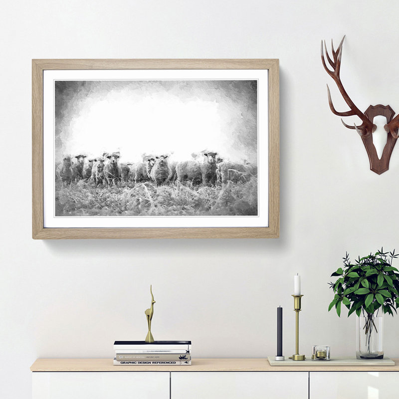 A Flock Of Sheep - Framed Print, 33cm H x 45cm W x 2cm D, Oak Framed